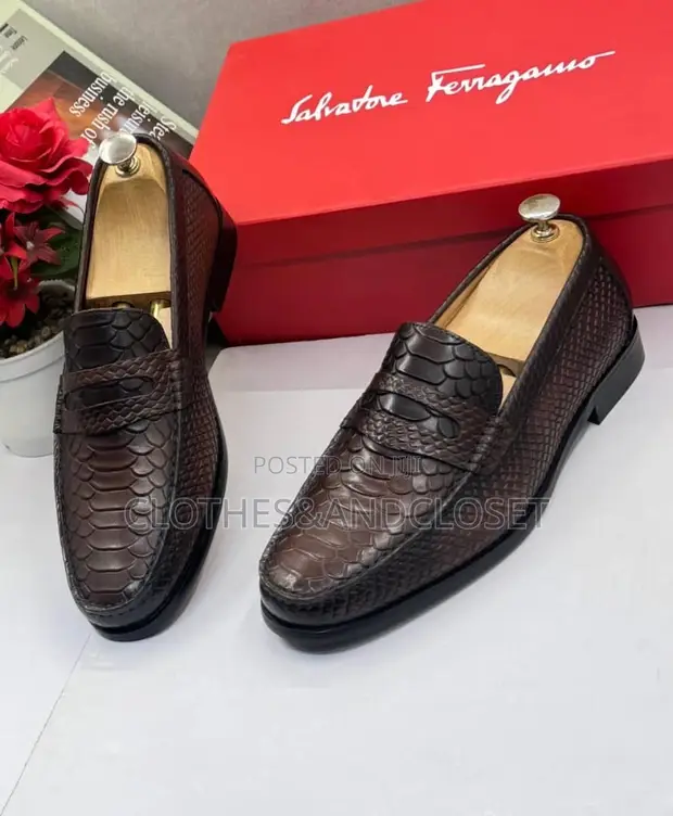 Salvatore Ferragamo Brown Embossed Leather Penny Loafers - 1
