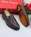 Salvatore Ferragamo Brown Embossed Leather Penny Loafers - 3