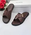 Boss Brown Leather Crocodile-Embossed Slides - 1