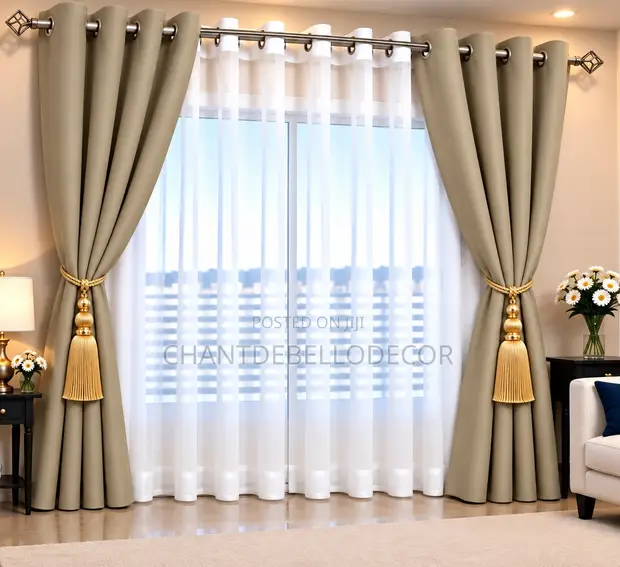 Blackout Curtains with Voile Set - Light Khaki & White - 1