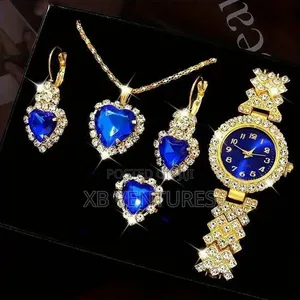 Gold and Blue Wristwatch, Earrings, Necklace, Ring Set