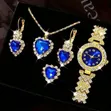 Gold and Blue Wristwatch, Earrings, Necklace, Ring Set - 1