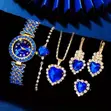 Gold and Blue Wristwatch, Earrings, Necklace, Ring Set - 2