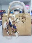 Beige Embossed Patent Leather Top-Handle Handbag with Scarf - 2