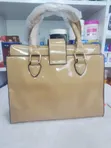 Beige Embossed Patent Leather Top-Handle Handbag with Scarf - 3