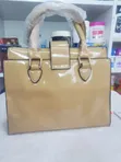 Beige Embossed Patent Leather Top-Handle Handbag with Scarf - 4