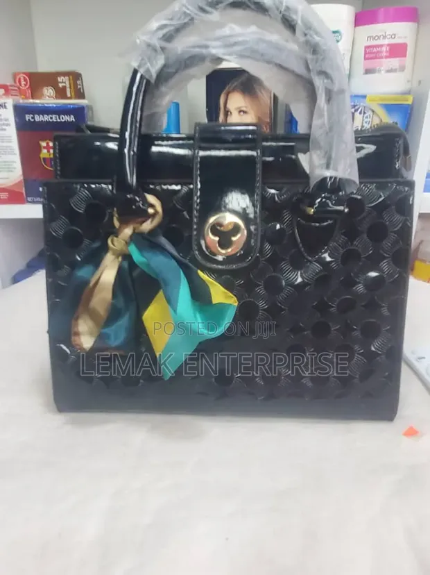 Black Patent Faux-Leather Handbag with Satin Scarf - 1