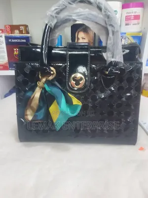 Black Patent Faux-Leather Handbag with Satin Scarf