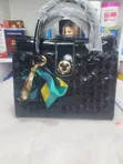Black Patent Faux-Leather Handbag with Satin Scarf - 1