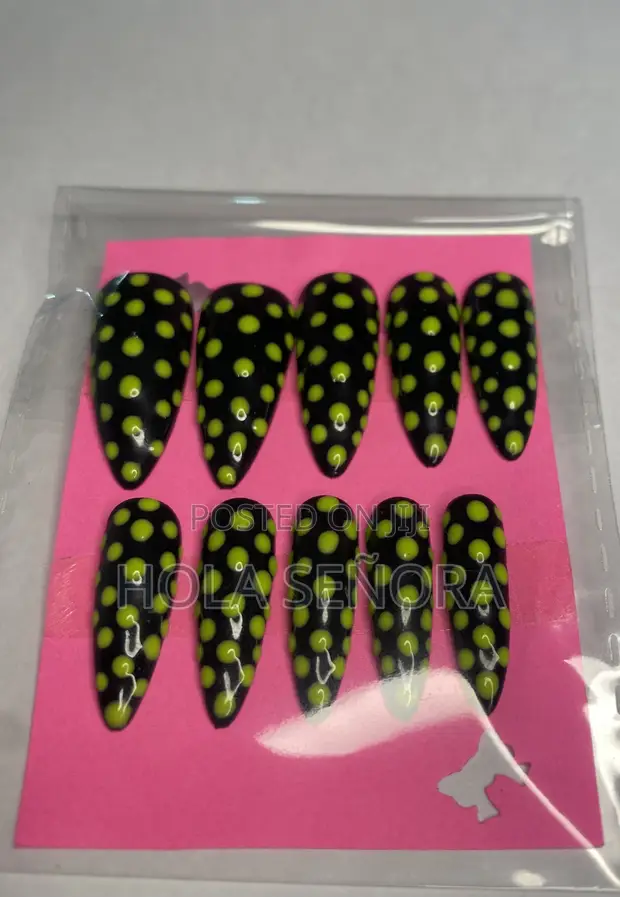 Handmade Press on Nails - Neon Green & Black Polka Dots - 1