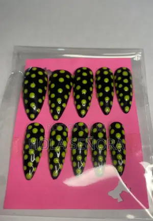Handmade Press on Nails - Neon Green & Black Polka Dots