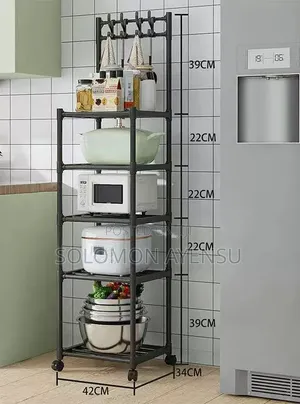 Heavy-Duty 5-Tier Rolling Kitchen Utility Shelf with Hooks