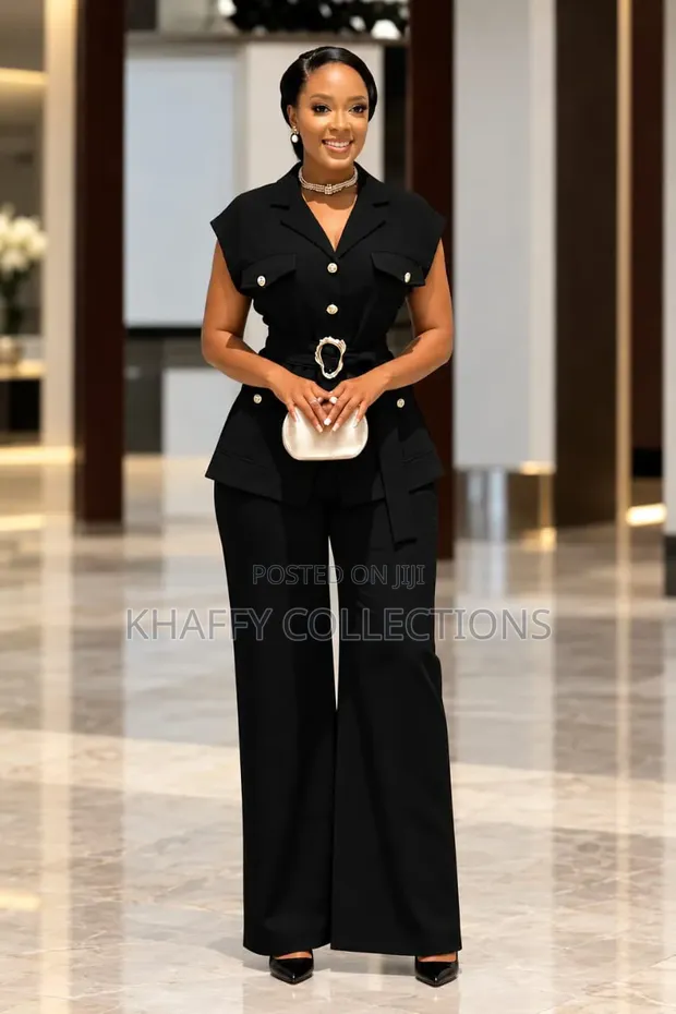 Luxury Two-Piece Set: Blazer Top with Gold Belt & Palazzo Trousers - 1
