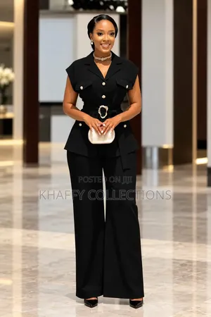 Luxury Two-Piece Set: Blazer Top with Gold Belt & Palazzo Trousers