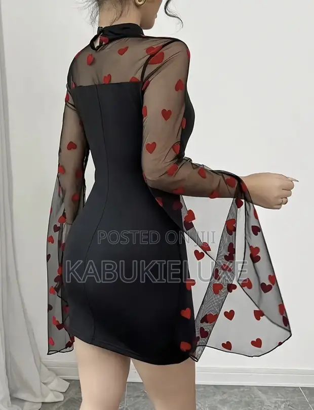 Elegant Black Bodycon Mini Dress with Heart Mesh Sleeves - 1