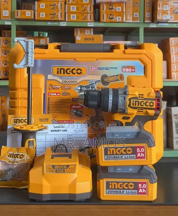 Ingco 20V 136Nm Cordless Brushless Impact Drill Kit (2x 5.0Ah Batteries) - 1