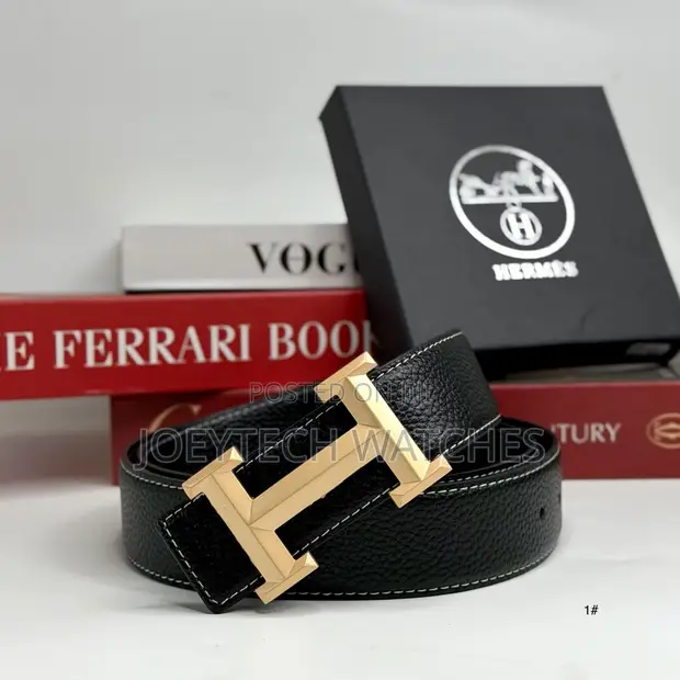 Men's Quality Leather Belt with Gold H-Buckle - 1