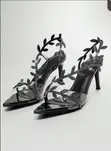 Ladies Trendy Leaf Glitter Black Heel - 2