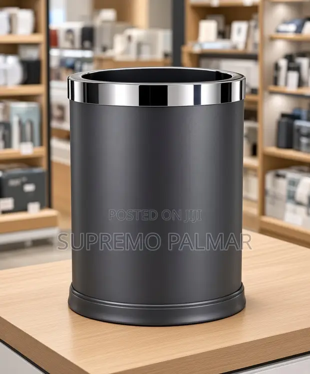 10L Black Office Waste Bin with Stainless Steel Rim - 1