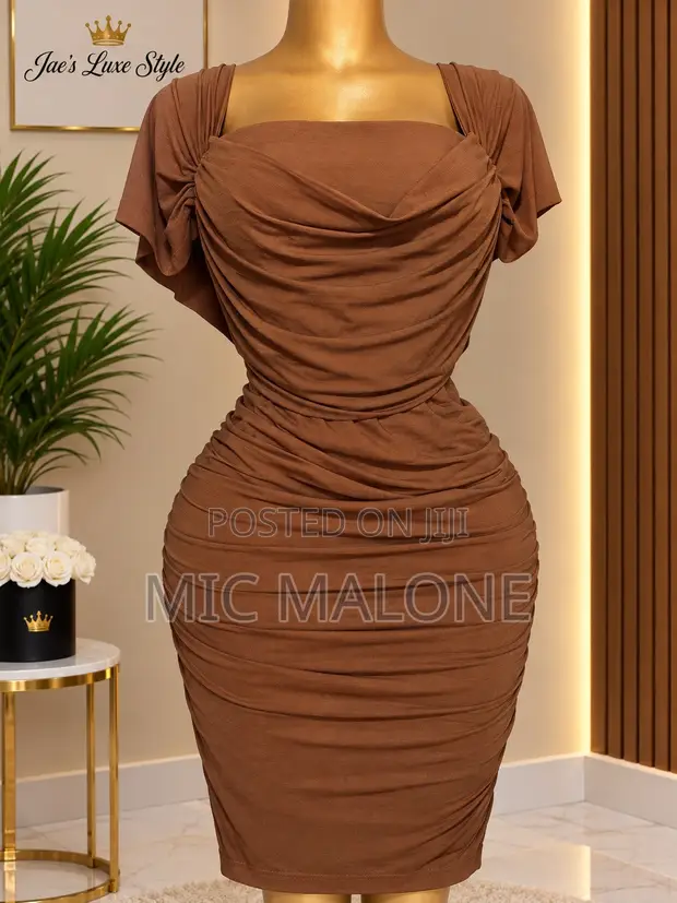Women's Brown Ruched Bodycon Mini Dress - Short Sleeve - 1