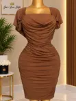 Women's Brown Ruched Bodycon Mini Dress - Short Sleeve - 1