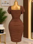 Women's Brown Ruched Bodycon Mini Dress - Short Sleeve - 2