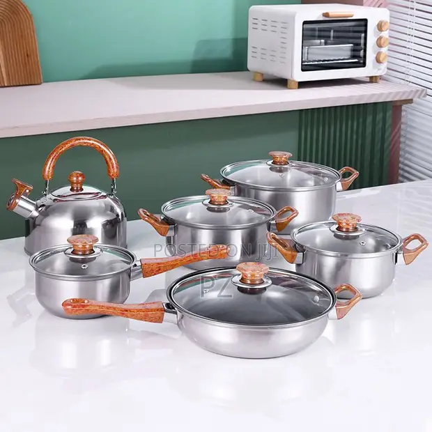 Stainless Steel Cookware Set with Wood Grain Handles - 1