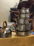 Stainless Steel Cookware Set with Wood Grain Handles - 4