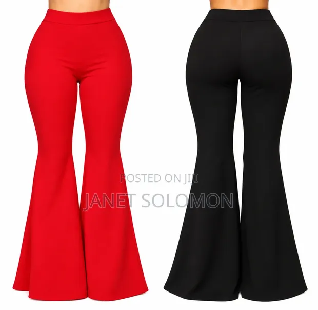 Ladies High Waist Flared Trousers - Red & Black - 1