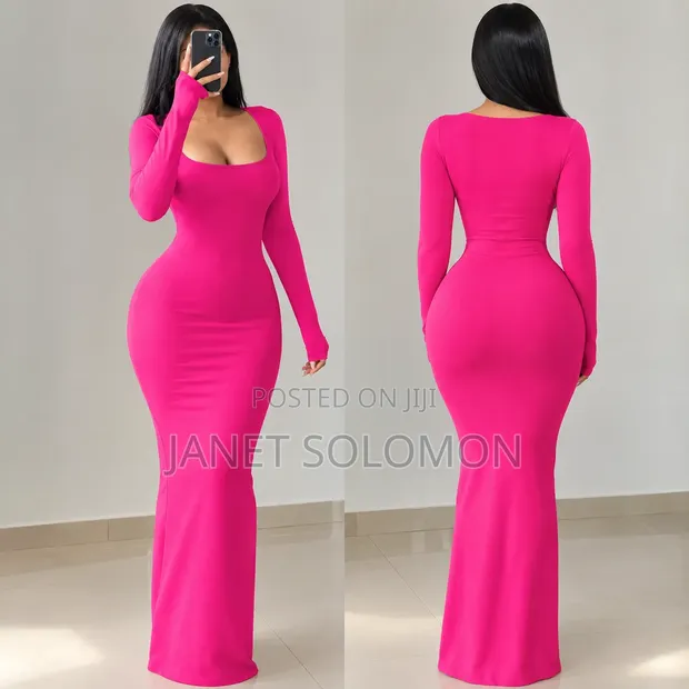 Ladies Pink Long Sleeve Bodycon Maxi Dress - 1