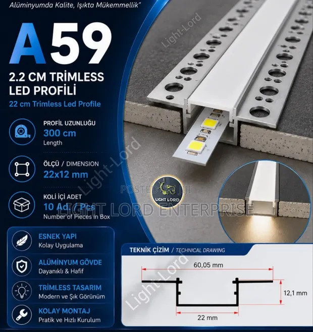 A59 Trim Less Aluminum LED Strip Profiles Channel (3m) - 1