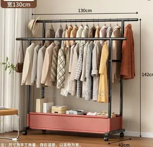 Black Double-Rod Metal Garment Rack with Bottom Storage