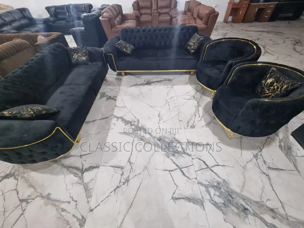 8-Seater Black Velvet Sofa Set with Gold Trim - 1