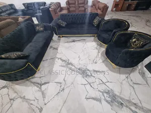 8-Seater Black Velvet Sofa Set with Gold Trim