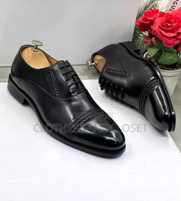 Men's Black Polished Leather Oxford Shoes - 1