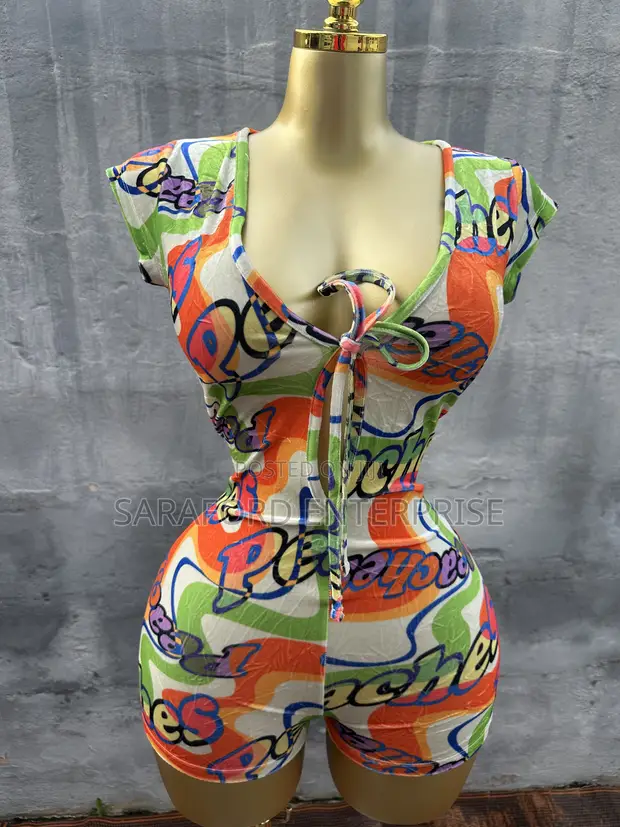 Colourful Bodycon Romper with 'Peaches' Inscription - 1