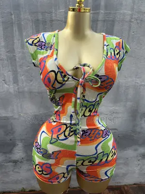 Colourful Bodycon Romper with 'Peaches' Inscription