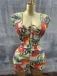 Colourful Bodycon Romper with 'Peaches' Inscription - 1