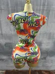 Colourful Bodycon Romper with 'Peaches' Inscription - 2