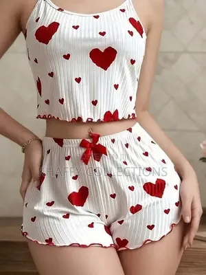 Cute Heart Print 2 Piece Night Wear Set
