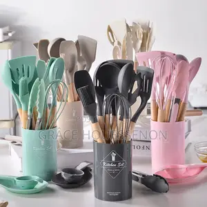 Silicone Ladle Set with Wooden Handles & Holder
