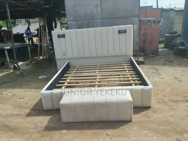 Queen Size Bed Frame - Cream with Gold Design - 1
