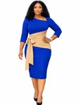 Ladies Blue & Beige Wrap-Detail Midi Dress - 1