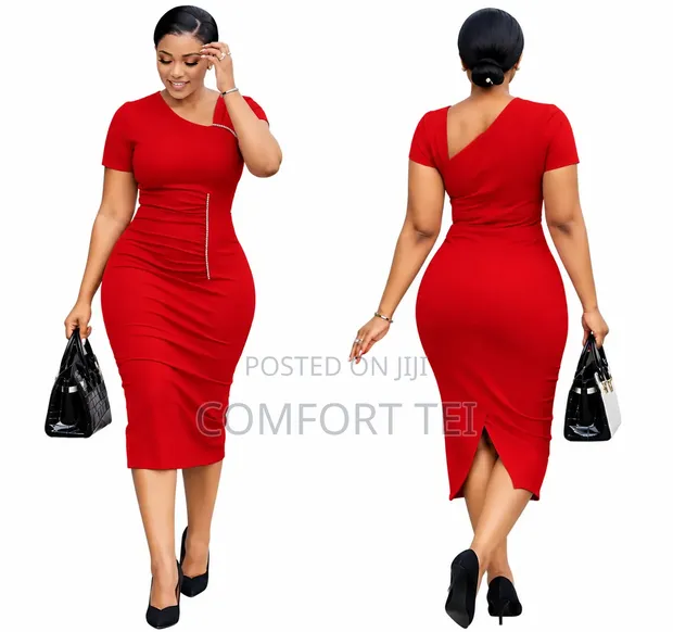 Ladies Red Ruched Midi Dress - 1