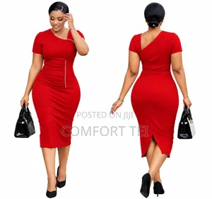 Ladies Red Ruched Midi Dress