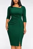 Ladies Emerald Green Ruched Midi Office Dress - 1