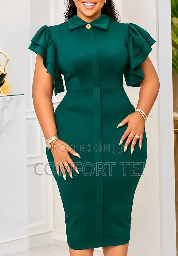 Ladies Shirt Style Midi Dress - Emerald Green - 1