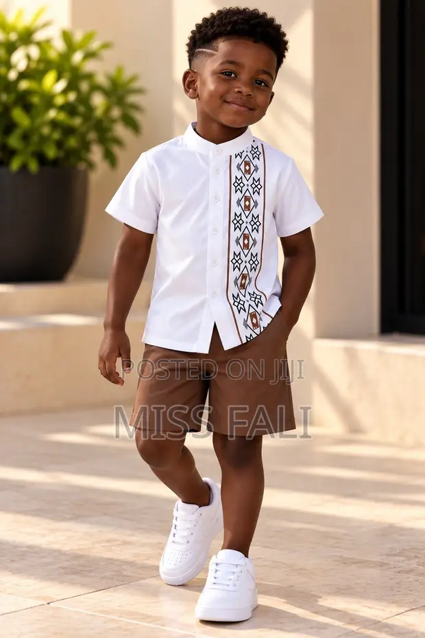 Angel Boys' Geometric Pattern Shirt & Brown Shorts Set (4-5 Years) - 1