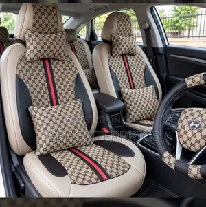 G Pattern Beige & Black Seat Covers + Pillows + Steering Wheel Cover