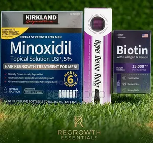 Kirkland Minoxidil Box, Derma Roller, Biotin Complex